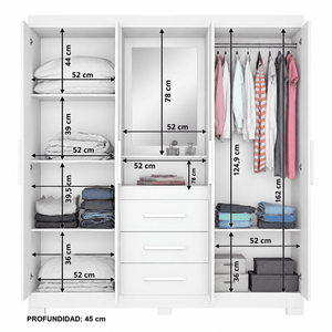 Closet Capelinha Espejo 4 Pta. 3 Caj. Blanco/Rosado