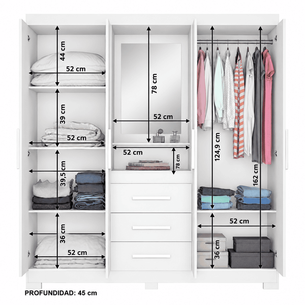 Closet Capelinha Espejo 4 Pta. 3 Caj. Blanco/Rosado