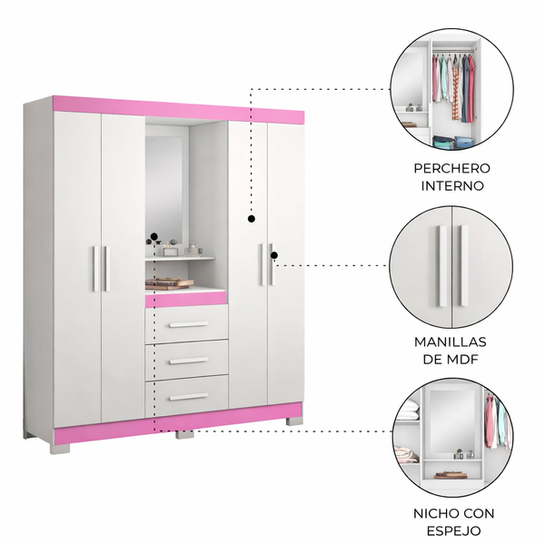 Closet Capelinha con Espejo Blanco/Rosado