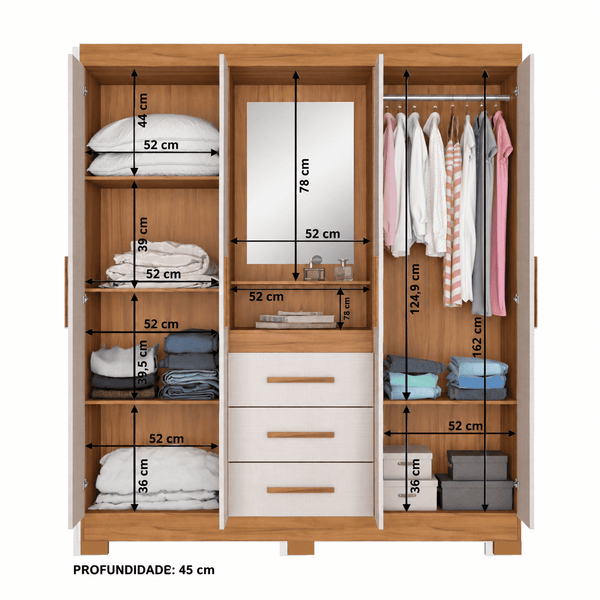 Closet Capelinha Espejo 4 Pta. 3 Caj. Off white/Café